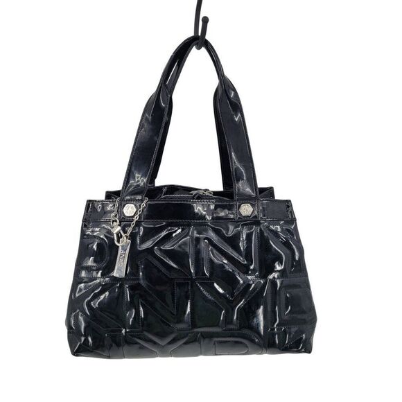Vtg 90s Y2K Black Patent Leather Logo Quilted Shoulder Tote Bag Purse Trending - Picture 14 of 14